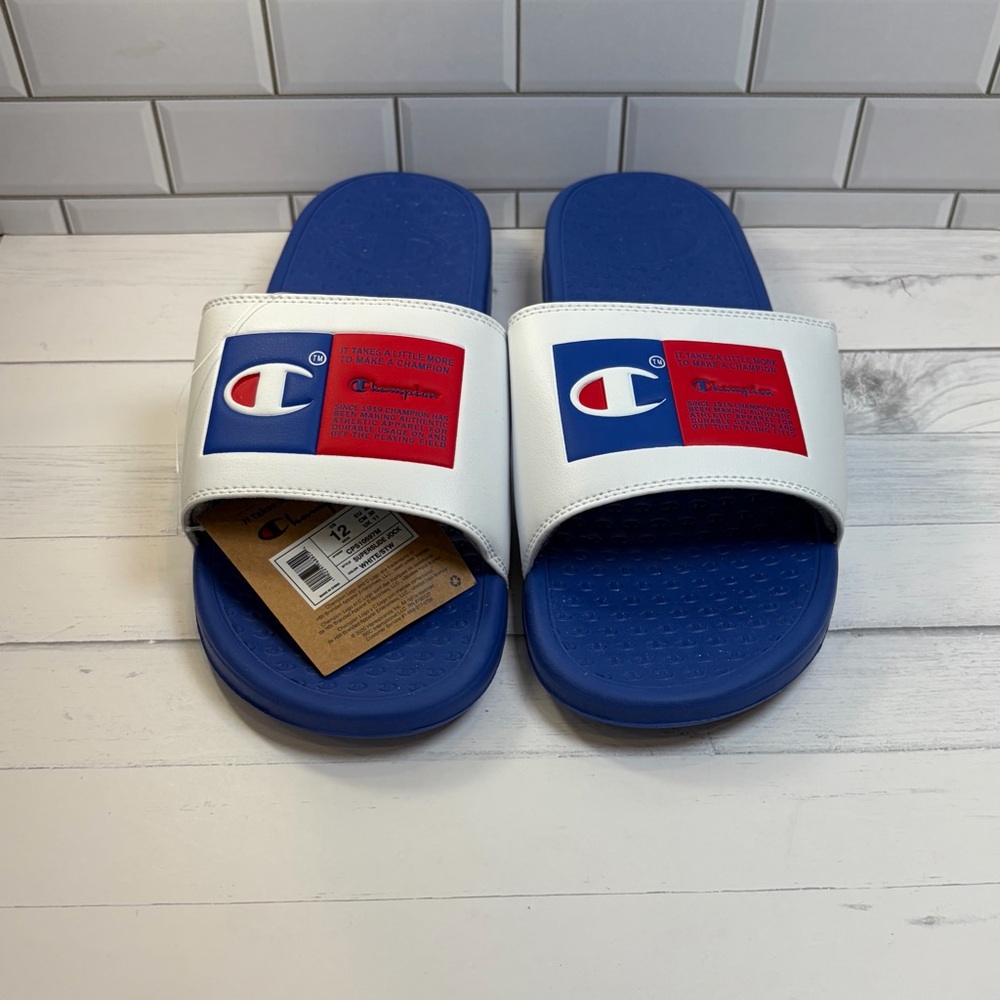 Champion :12 Mens  White Strap Blue Footbed Slides with Red Logo Accents